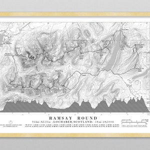 Ronde kaart van Ramsay met hoogteprofiel. Cadeau voor heuvelloper / wandelaar / outdoor / bergbeklimmen. Beschikbaar met je naam, datum en tijd.