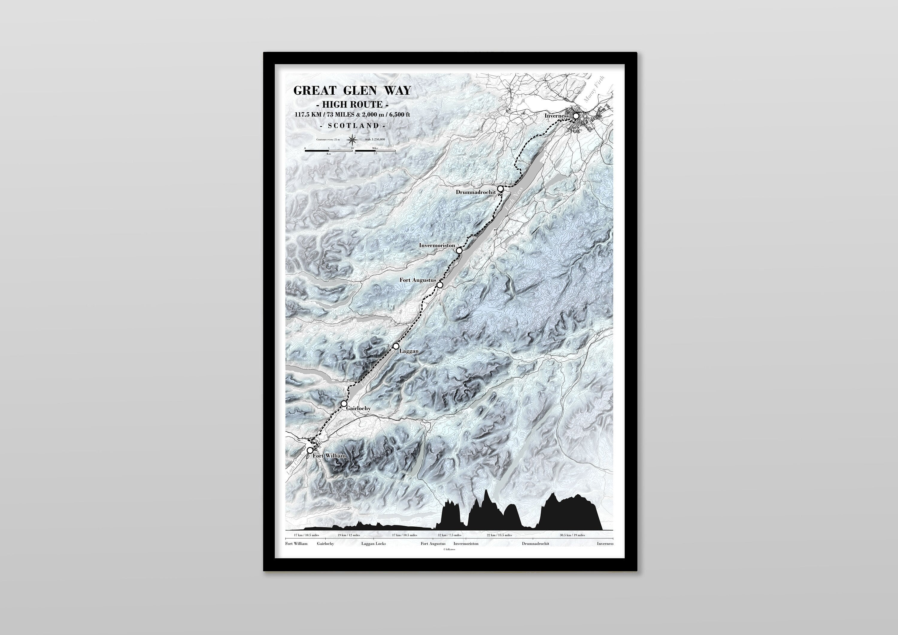 Great Glen Way Map & Elevation Profile. Scottish Outdoor Challenge Gift for Walkers / Hikers / Cyclists. Available with your name and dates.