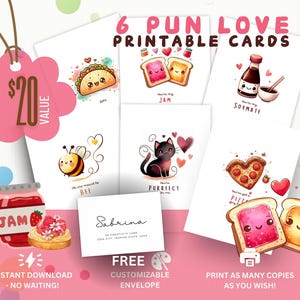 Lot de cartes d'amour drôle | 6 jeux de mots mignons avec nourriture et animaux | Saint-Valentin, Anniversaire | Cartes tacos, pizza, abeille, chat, confiture, soja