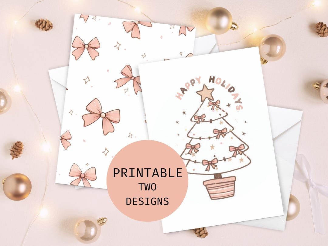 2 Cute Printable Christmas Card Trendy Pink Bows Minimalist Holiday ...