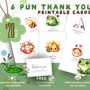 Lot de cartes de remerciement imprimable | Jeux de mots amusants pour amis, collègues, enseignants | Jeux de mots mignons sur les animaux et la nourriture | Téléchargement instantané