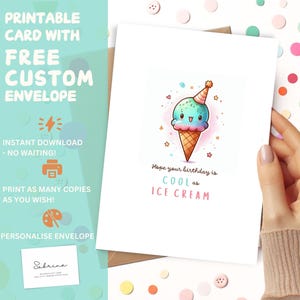 Cool as Ice Cream Birthday Card – Printable Summer Pun Birthday Card | Cute Ice Cream Digital Greeting Card for Kids or Teens