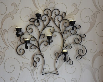 Árbol de pared con portavelas de metal, hecho a mano, color negro