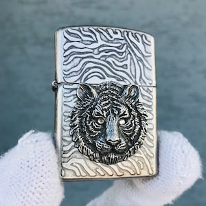 Zippo Silver Tiger Head Silver Engaraved Rare Custom Handmade Lighter