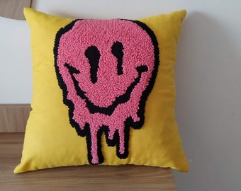 Pink Smiley Punch Needle Pillow, Hand Tufted Melting Smiley Cushion Cover, Yellow Funny Throw Pillow Cover