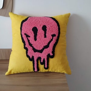 Pink Smiley Punch Needle Pillow, Hand Tufted Melting Smiley Cushion Cover, Yellow Funny Throw Pillow Cover