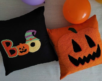 Conjunto de capa de almofada tufada à mão para Halloween, capas de almofada bordadas 15 x 15, tapete de decoração de casa de férias de outono, travesseiro BOO preto, presentes da temporada de abóbora