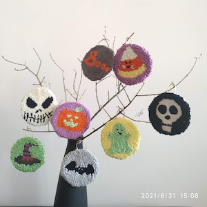 Punch Needle Halloween Ornaments: Spooky Tree Decor, Set of 8