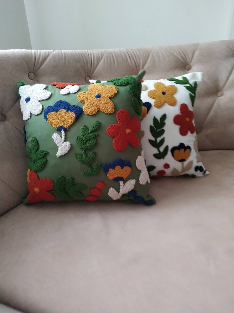 Flower Punch Needle Throw Pillow, Hand Tufted Colorful Floral Cushion, Living Room Decorative Pillow Cover, Modern Embroidery Cushion Cover image 4