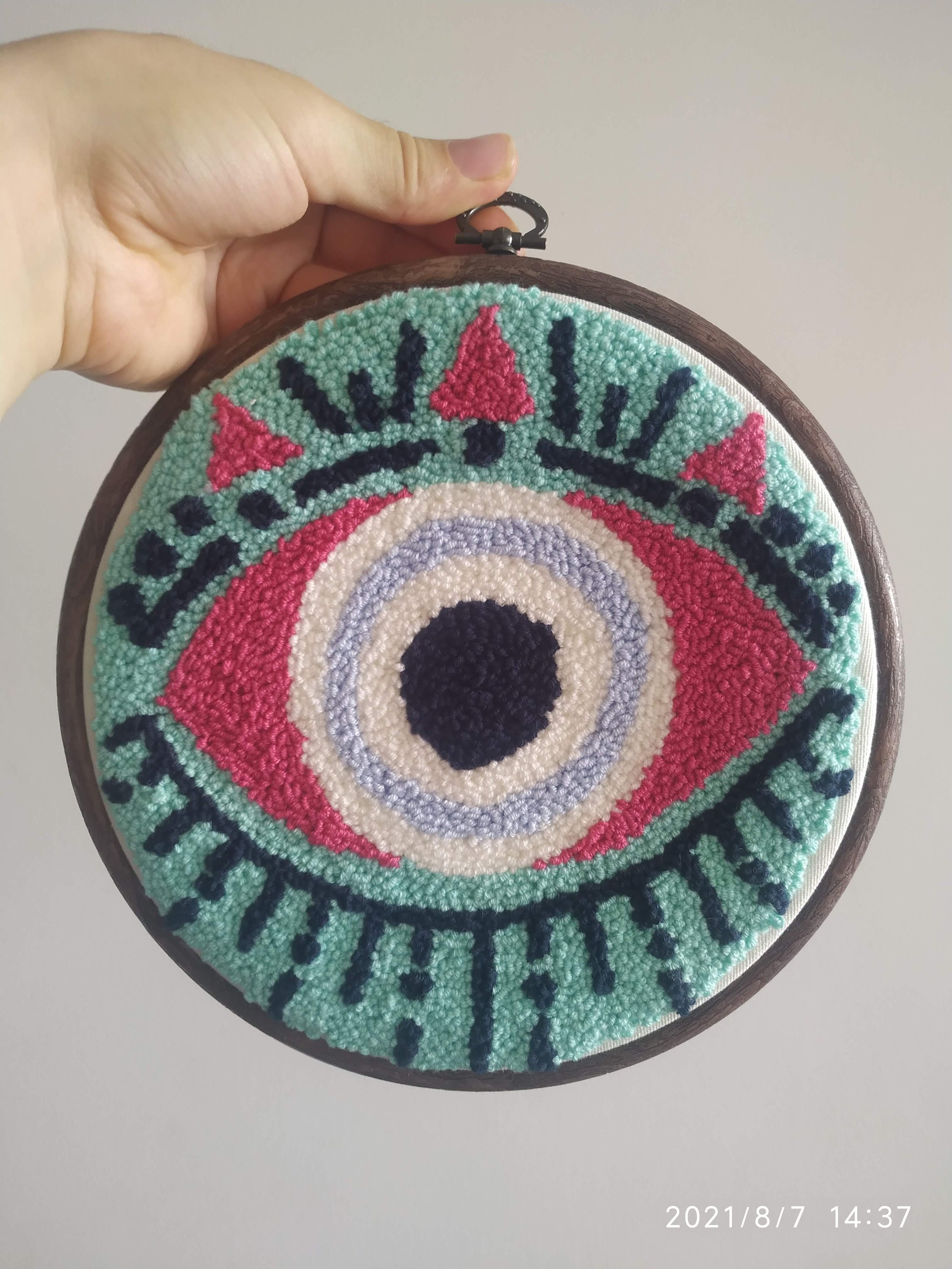 Evil Eye Hand Tufted Punch Needle Wallhanging Aqua Green Etsy UK