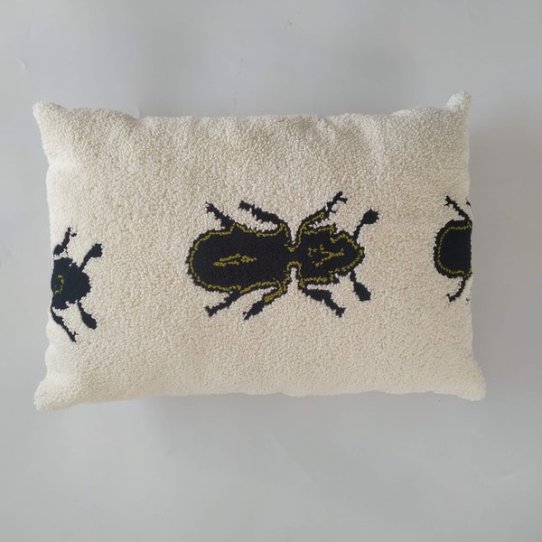 Hand Tufted Insect Cushion Cover, Black Insect Punch Needle Throw Pillow Cover, Farmhouse Decor