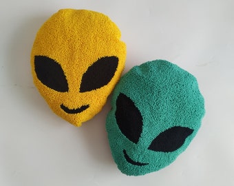 Hand Tufted Green Alien Pillow, Yellow Space Alien Punch Needle Cushion, Funny Decorative, Modern Embroidery Pillow