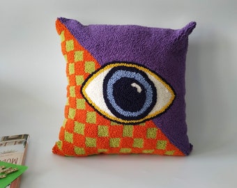 Housse de coussin à carreaux, décoration intérieure Evil Eye touffue à la main, oreillers pour les yeux de pompon