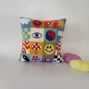 Colorful Punch Needle Throw Pillow, Fun Emoji Cushion Cover, Mushroom Decorative Pillow, Checkered Home Decor, Cloud and Flower Pattern