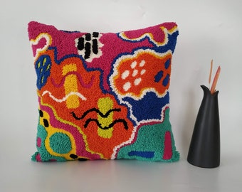 Hand Tufted Abstract Pillow, Colorful Punch Needle Pattern Cushion Cover, Decorative Embroidered Pillow Cover