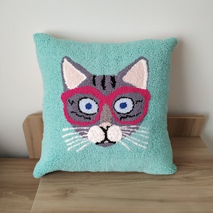 Bonita funda de almohada con diseño de gato, almohada decorativa con aguja perforada, decoración de cama hecha a mano, regalo para amantes de los gatos