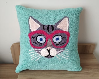 Cute Cat Throw Pillow Cover, Punch Needle Decorative Pillow, Hand Tufted Bedding Decor,  Gift for Cat Lovers