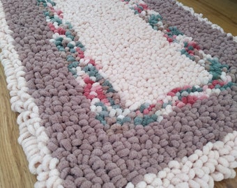 Crochet Plush Rug, Soft Bathroom Rug, Rectangle Knitted Carpet