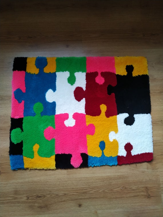 Hand Tufted Puzzle Rug, Colourful Living Room Rug 