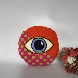 Hand Tufted Evil Eye Pillow Cover, Round Punch Needle Cushion, Orange Checkered Home Decor, All Seeing Eye Throw Pillow