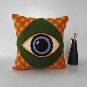 Hand Tufted Evil Eye Pillow, Checkered Green Cushion Cover, All Seeing Eye Decor, Living Room Throw Pillowcase