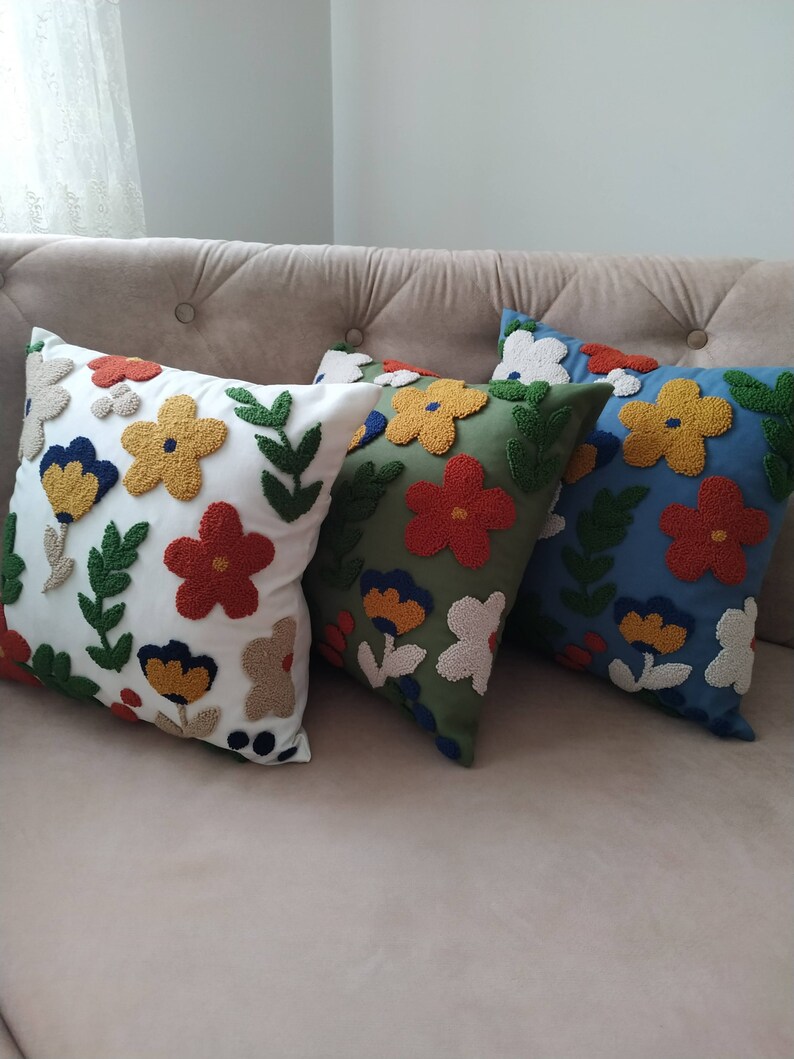 Flower Punch Needle Throw Pillow, Hand Tufted Colorful Floral Cushion, Living Room Decorative Pillow Cover, Modern Embroidery Cushion Cover image 3