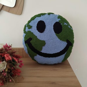 Hand Tufted World Map Pillow,  Earth Shaped Round Throw Pillow, Cute Smiley Punch Needle Cushion, Galaxy Room Decorative