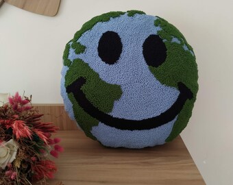 Hand Tufted World Map Pillow,  Earth Shaped Round Throw Pillow, Cute Smiley Punch Needle Cushion, Galaxy Room Decorative