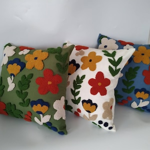 Flower Punch Needle Throw Pillow, Hand Tufted Colorful Floral Cushion, Living Room Decorative Pillow Cover, Modern Embroidery Cushion Cover image 1