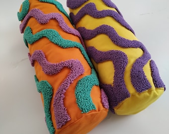 Colorful Bolster Punch Needle Pillow Cover, Handmade Tufted Cylindrical Cushion, Modern Embroidery Design Home Decor