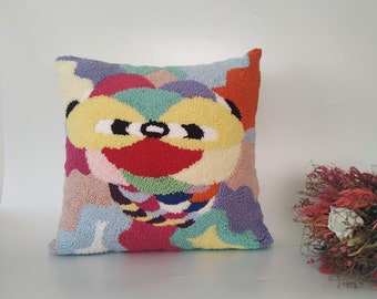 Hand Tufted Punch Needle Pillow, Colourful Abstract Cushion Cover, Decorative Embroidered Throw Pillow Cover