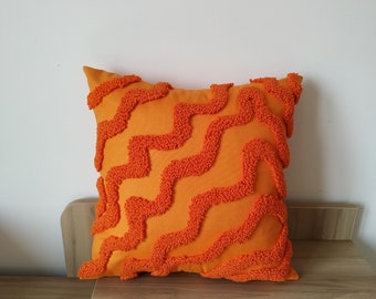 Punch Needle Vibrant Wavy Lines  Pillow, Hand Tufted Orange Color Throw Pillow Cover, Embroidery Abstract Cushion, Colourful  Boat Decor