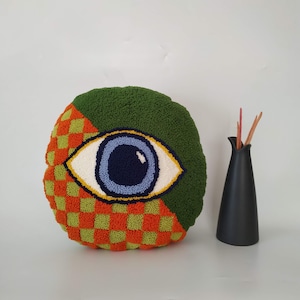 Handmade Tufted Evil Eye Pillow, Checkered Punch Needle Cushion Cover, All Seeing Eye Throw Pillow Cover