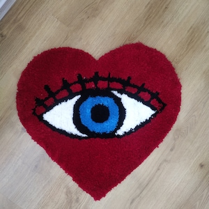 Handmade Heart Evil Eye Tufted Rug: Red Dorm Decor
