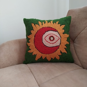Hand Tufted Sun And Moon Design Pillow, Punch Needle Boho Pillow Cover