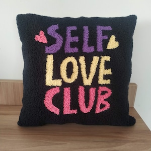Self Love Club Punch Needle Pillow, 12 * 12 Hand Tufted Mini Cushion Cover, Decorative Embroidered Pillow Cover, Girl Room Decor, Dorm Decor