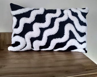 Black And White Punch Needle Lumbar Pillow Cover, Hand Tufted Swirls Cushion Cover, Modern Embroidery Style, Cozy Home Decoration