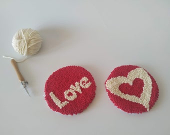 Punch needle Heart Coasters, Red 2 Piece Set,Rug Coaster,Tufted coasters,Handmade Mug Rug,Drink Coasters,