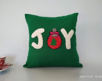 Christmas JOY Pattern Cushion  Cover, Punch Needle Green Square Pillow, New Year Winter Pillow Cover