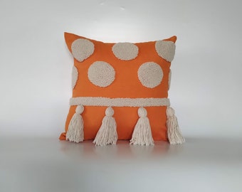 Housse d’oreiller touffue à la main, Housse de coussin tasselé orange, Oreillers géométriques