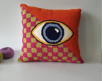 Evil Eye Home Decor, All Seeing Eye Throw Pillow Cover, Punch Needle Art, Checkered Cushion, Tufted Pillow Cover