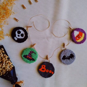 Happy Halloween Ornaments , Set of 5, Punch Needle Halloween Home Decor