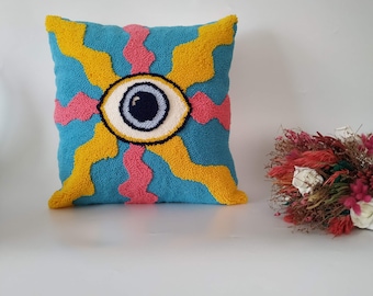 Hand getuftet Evil Eye Kissen, Eye Punch Needle Kissenbezug, Evil Eye dekorativer Haus, bunter Dekokissenbezug