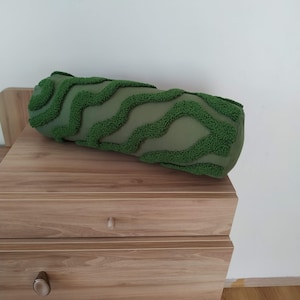 Handmade Tufted Green Cylindrical Pillow Cover, Swirls Punch Needle Bolster Cushion, Abstract Modern Embroidery Style, Custom Size Design