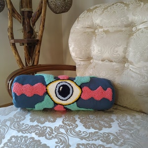 Punch Needle Cylindrical Throw Pillow, Hand Tufted Swirls Pattern  Round Bolster Cushion, Evil Eye Home Decoration