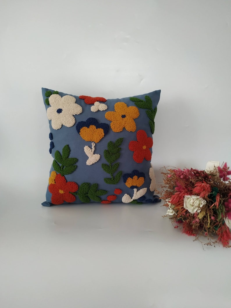 Flower Punch Needle Throw Pillow, Hand Tufted Colorful Floral Cushion, Living Room Decorative Pillow Cover, Modern Embroidery Cushion Cover Blue Pillow Cover