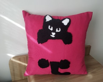 Punch Needle Climbing Cat Pillow Cover, Pink Decorative Throw Pillow