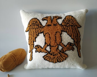 Mythological Home Decor, Twin Head Eagle,Hand Tufted Eagle Pillow Cover, Punch Needle Bird Cushion Cover
