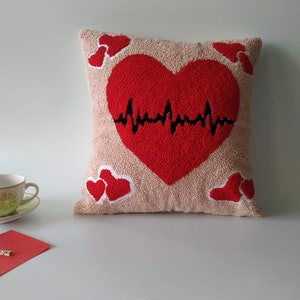 Hand Tuft Love Pillow Cover, Punch Needle Heartbeat Cushion Cover