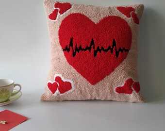 Hand Tuft Love Pillow Cover, Punch Needle Heartbeat Cushion Cover
